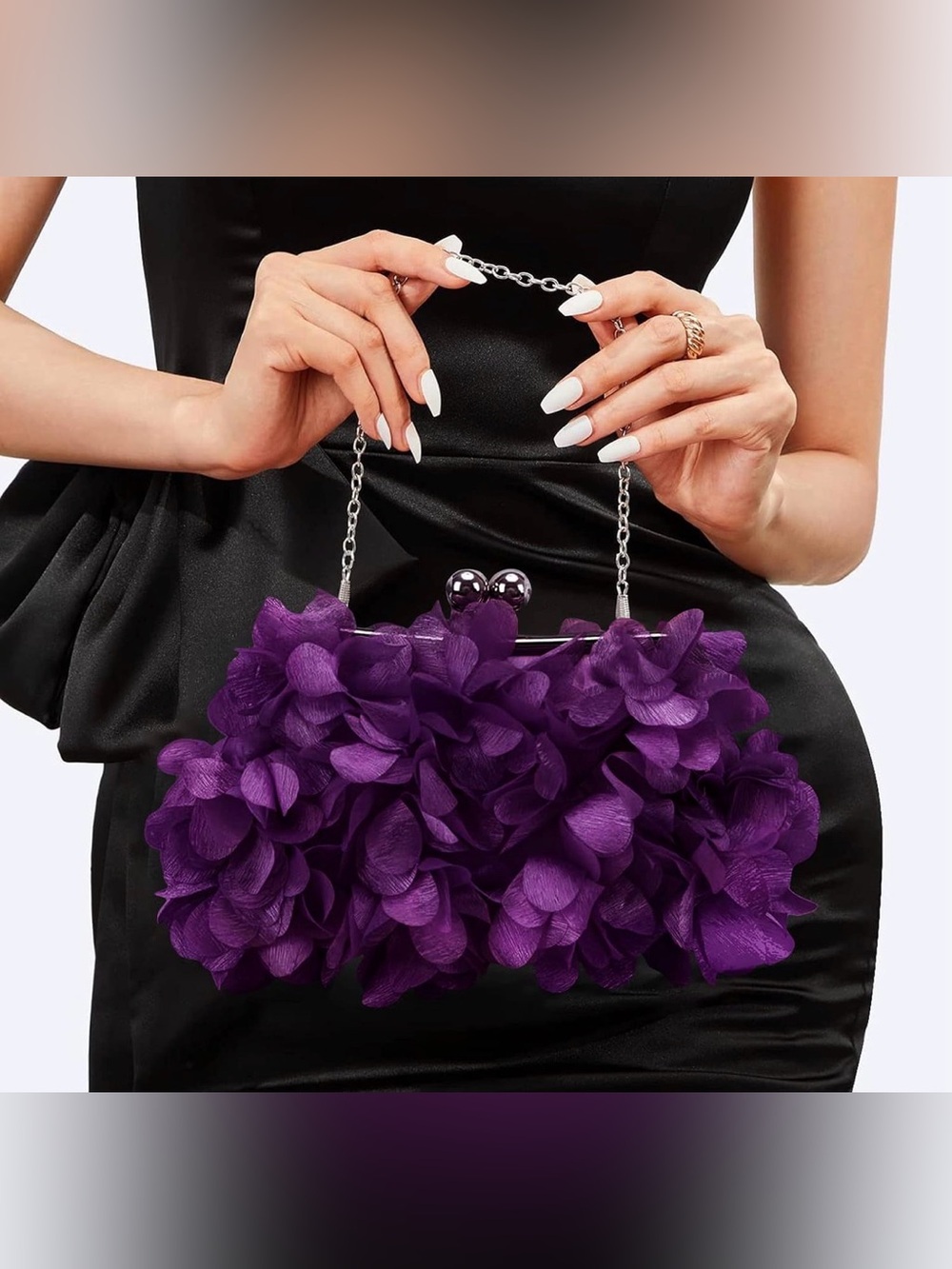 Elegant Purple Floral Appliqué Evening Clutch with Chain Handle